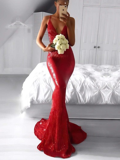 Trumpet/Mermaid V-neck Sequined Sweep Train Prom Dresses #Favs020105814