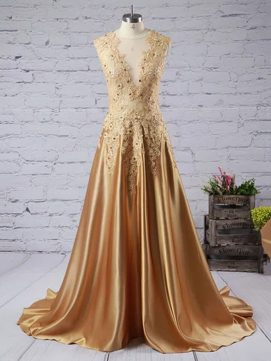 A-line V-neck Satin Sweep Train Beading Prom Dresses #Favs020102215