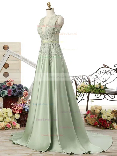 A-line V-neck Satin Sweep Train Beading Prom Dresses #Favs020102215