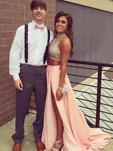 A-line High Neck Sweep Train Silk-like Satin Prom Dresses with Beading Split Front #Favs02018810