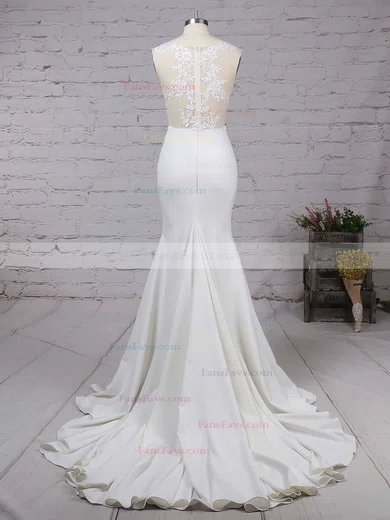 Modest Silk-like Satin Applique Lace Scoop Neck White Trumpet/Mermaid Long Prom Dresses #Favs02018838