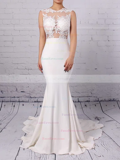 Modest Silk-like Satin Applique Lace Scoop Neck White Trumpet/Mermaid Long Prom Dresses #Favs02018838