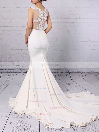 Modest Silk-like Satin Applique Lace Scoop Neck White Trumpet/Mermaid Long Prom Dresses #Favs02018838