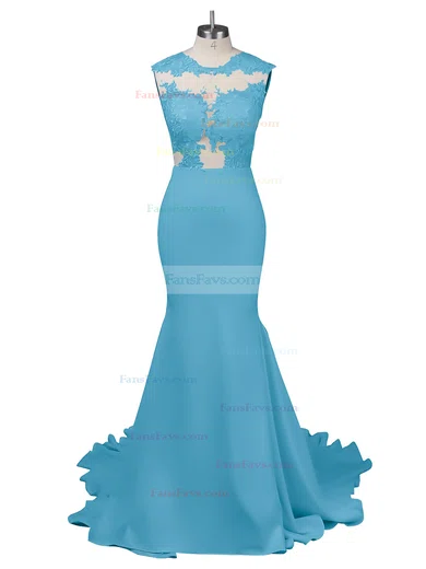 Modest Silk-like Satin Applique Lace Scoop Neck White Trumpet/Mermaid Long Prom Dresses #Favs02018838