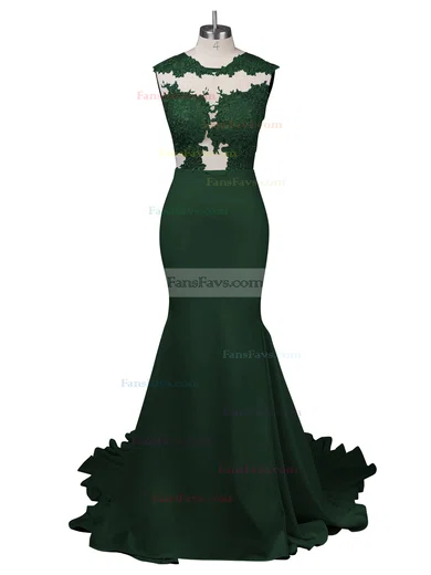 Modest Silk-like Satin Applique Lace Scoop Neck White Trumpet/Mermaid Long Prom Dresses #Favs02018838