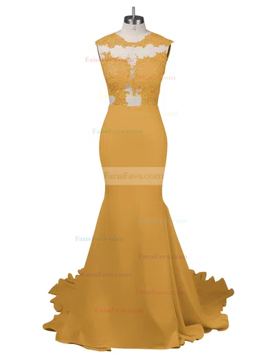 Modest Silk-like Satin Applique Lace Scoop Neck White Trumpet/Mermaid Long Prom Dresses #Favs02018838