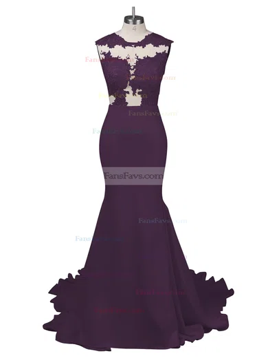 Modest Silk-like Satin Applique Lace Scoop Neck White Trumpet/Mermaid Long Prom Dresses #Favs02018838