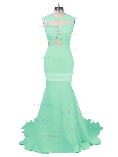 Modest Silk-like Satin Applique Lace Scoop Neck White Trumpet/Mermaid Long Prom Dresses #Favs02018838