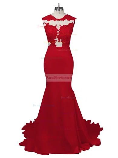 Modest Silk-like Satin Applique Lace Scoop Neck White Trumpet/Mermaid Long Prom Dresses #Favs02018838