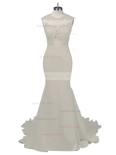 Modest Silk-like Satin Applique Lace Scoop Neck White Trumpet/Mermaid Long Prom Dresses #Favs02018838