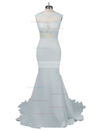 Modest Silk-like Satin Applique Lace Scoop Neck White Trumpet/Mermaid Long Prom Dresses #Favs02018838