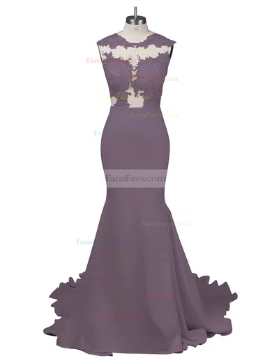 Modest Silk-like Satin Applique Lace Scoop Neck White Trumpet/Mermaid Long Prom Dresses #Favs02018838