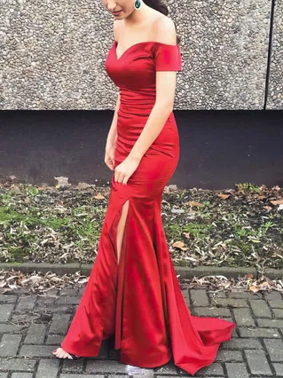 Trumpet/Mermaid Off-the-shoulder Satin Sweep Train Split Front Prom Dresses #Favs020102887 Trumpet/Mermaid Off-the-shoulder Satin Sweep Train Split Front Prom Dresses #Favs020102887