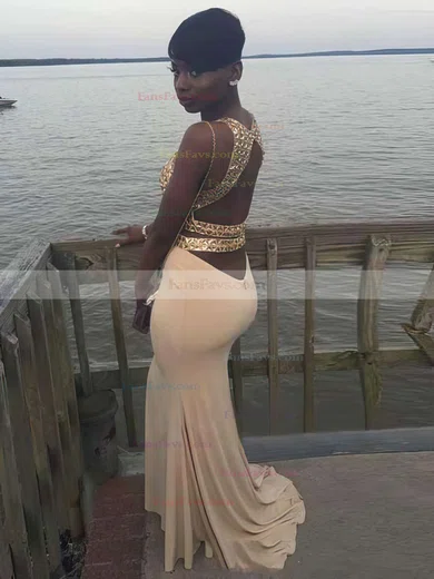 Sheath/Column Scoop Neck Jersey Sweep Train Beading Prom Dresses #Favs020103281