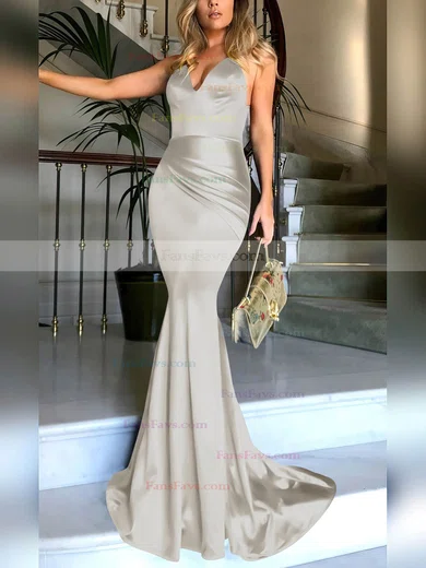 Trumpet/Mermaid V-neck Silk-like Satin Sweep Train Ruffles Prom Dresses #Favs020104819