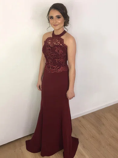 Sheath/Column Scoop Neck Silk-like Satin Sweep Train Appliques Lace Prom Dresses #Favs020104911