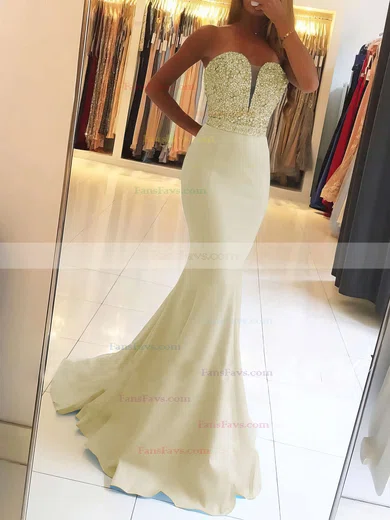 Trumpet/Mermaid Sweetheart Satin Sweep Train Beading Prom Dresses #Favs020104979