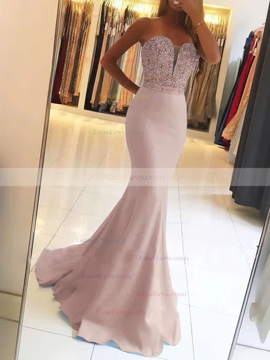 Trumpet/Mermaid Sweetheart Satin Sweep Train Beading Prom Dresses #Favs020104979