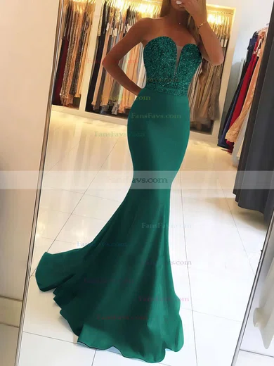 Trumpet/Mermaid Sweetheart Satin Sweep Train Beading Prom Dresses #Favs020104979