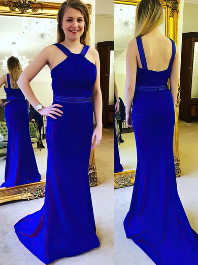 Sheath/Column V-neck Silk-like Satin Sweep Train Beading Prom Dresses #Favs020105030