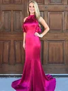 Trumpet/Mermaid High Neck Silk-like Satin Sweep Train Ruffles Prom Dresses #Favs020105306
