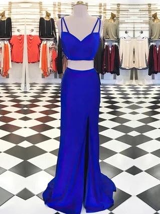 Sheath/Column V-neck Jersey Sweep Train Split Front Prom Dresses #Favs020105317