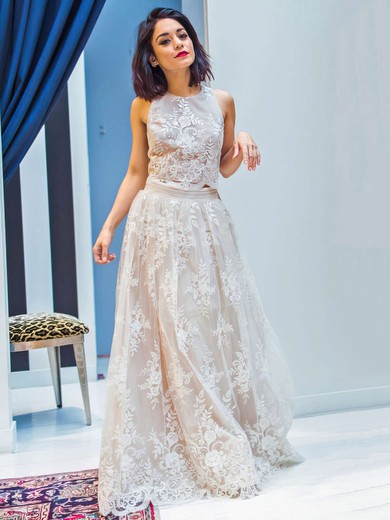 A-line Scoop Neck Tulle Floor-length Appliques Lace Prom Dresses #Favs020103661