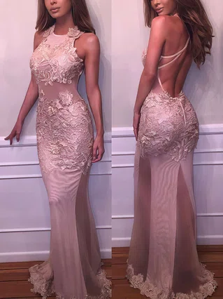 Trumpet/Mermaid Scoop Neck Tulle Floor-length Appliques Lace Prom Dresses #Favs020103669