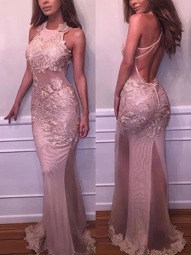 Trumpet/Mermaid Scoop Neck Tulle Floor-length Appliques Lace Prom Dresses #Favs020103669