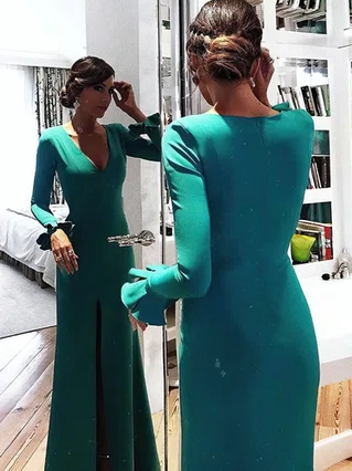 Sheath/Column V-neck Silk-like Satin Floor-length Split Front Prom Dresses #Favs020105627 Sheath/Column V-neck Silk-like Satin Floor-length Split Front Prom Dresses #Favs020105627