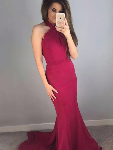 Trumpet/Mermaid Halter Silk-like Satin Sweep Train Prom Dresses #Favs020105669