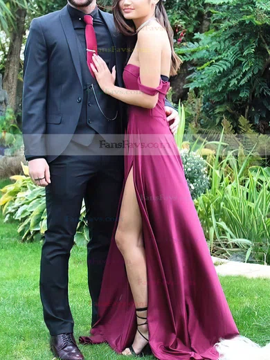 A-line Off-the-shoulder Silk-like Satin Floor-length Split Front Prom Dresses #Favs020105736