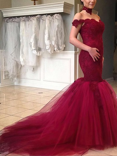 Trumpet/Mermaid Off-the-shoulder Tulle Sweep Train Appliques Lace Prom Dresses #Favs020103736