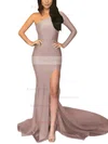 Trumpet/Mermaid One Shoulder Jersey Sweep Train Split Front Prom Dresses #Favs020105746