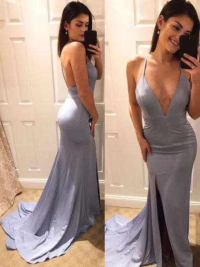 Trumpet/Mermaid V-neck Silk-like Satin Sweep Train Split Front Prom Dresses #Favs020105753
