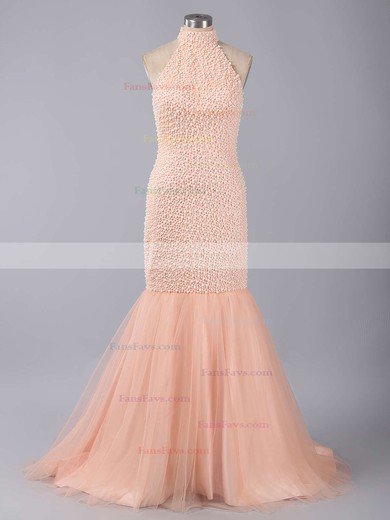 Trumpet/Mermaid High Neck Tulle Sweep Train Pearl Detailing Prom Dresses #Favs020101846