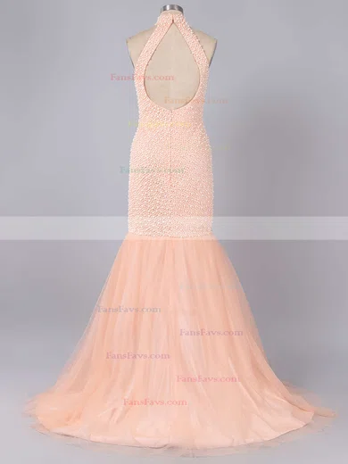 Trumpet/Mermaid High Neck Tulle Sweep Train Pearl Detailing Prom Dresses #Favs020101846