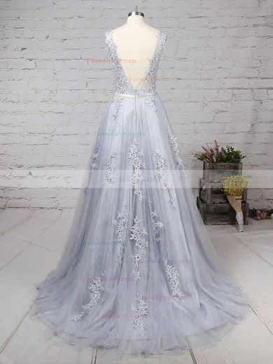 Ball Gown Scoop Neck Lace Tulle Sweep Train Appliques Lace Prom Dresses #Favs020103746