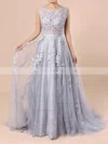 Ball Gown Scoop Neck Lace Tulle Sweep Train Appliques Lace Prom Dresses #Favs020103746