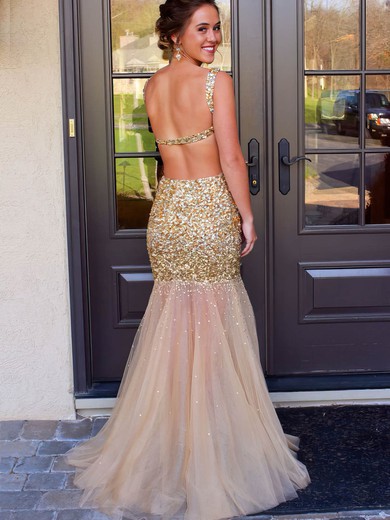 Champagne Backless Tulle Crystal Detailing Trumpet/Mermaid Luxurious Prom Dress #Favs02018678