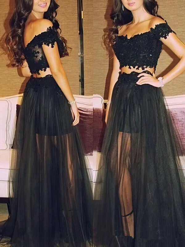 Popular Black Tulle Two Piece Off-the-shoulder Long Prom Dresses #Favs02019106