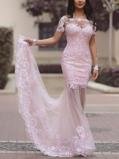 New Trumpet/Mermaid Scoop Neck Tulle Sweep Train Appliques Lace Long Sleeve Prom Dresses #Favs020102452