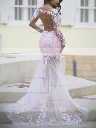 New Trumpet/Mermaid Scoop Neck Tulle Sweep Train Appliques Lace Long Sleeve Prom Dresses #Favs020102452