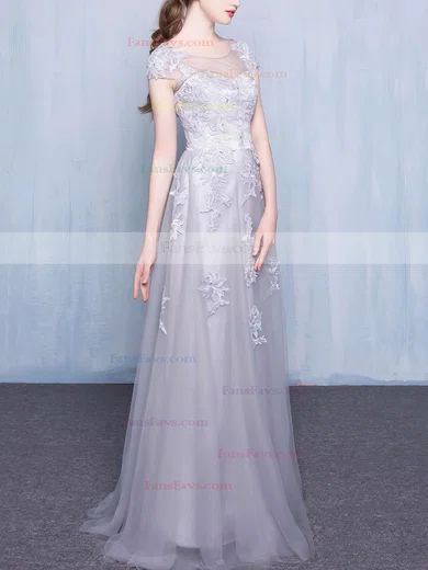 A-line Scoop Neck Tulle Floor-length Appliques Lace Prom Dresses #Favs020102851