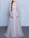 A-line Scoop Neck Tulle Floor-length Appliques Lace Prom Dresses #Favs020102851