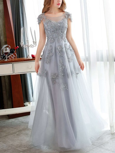 A-line Scoop Neck Tulle Floor-length Appliques Lace Prom Dresses #Favs020102900