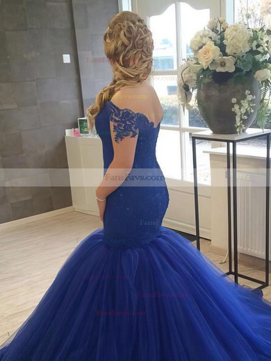 Trumpet/Mermaid Off-the-shoulder Tulle Court Train Appliques Lace Prom Dresses #Favs020102915