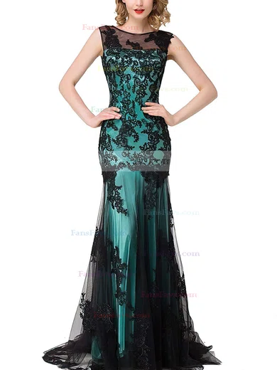 Trumpet/Mermaid Scoop Neck Tulle Sweep Train Appliques Lace Prom Dresses #Favs020104144