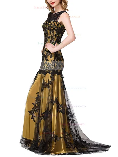 Trumpet/Mermaid Scoop Neck Tulle Sweep Train Appliques Lace Prom Dresses #Favs020104144