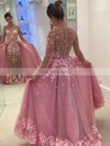 A-line Scoop Neck Tulle Detachable Appliques Lace Prom Dresses #Favs020102927